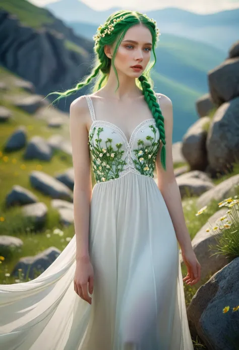a beautiful woman with pale skin, with green braids growing many daisies, a woman in a white dress, slender, walking on mountain...