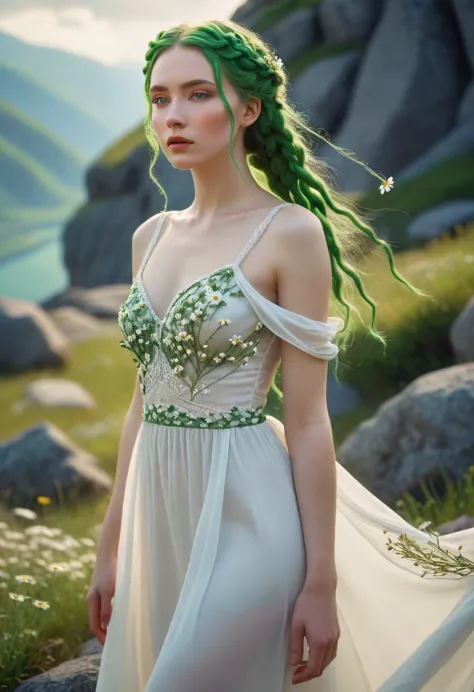 a beautiful woman with pale skin, with green braids growing many daisies, a woman in a white dress, slender, walking on mountain...