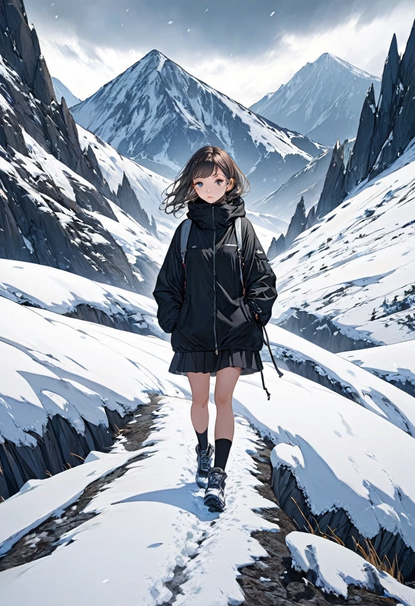 A girl in a black windbreaker is walking slowly in the snowy mountains（（best quality））， （（Intricate details））， （（Surrealism））