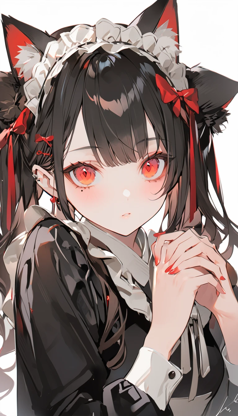 anime woman, person holding red looking hands, 1 girl, animal ears, maid headdress, signature, cat ears, mole under eyes, long hair, chest, black jacket