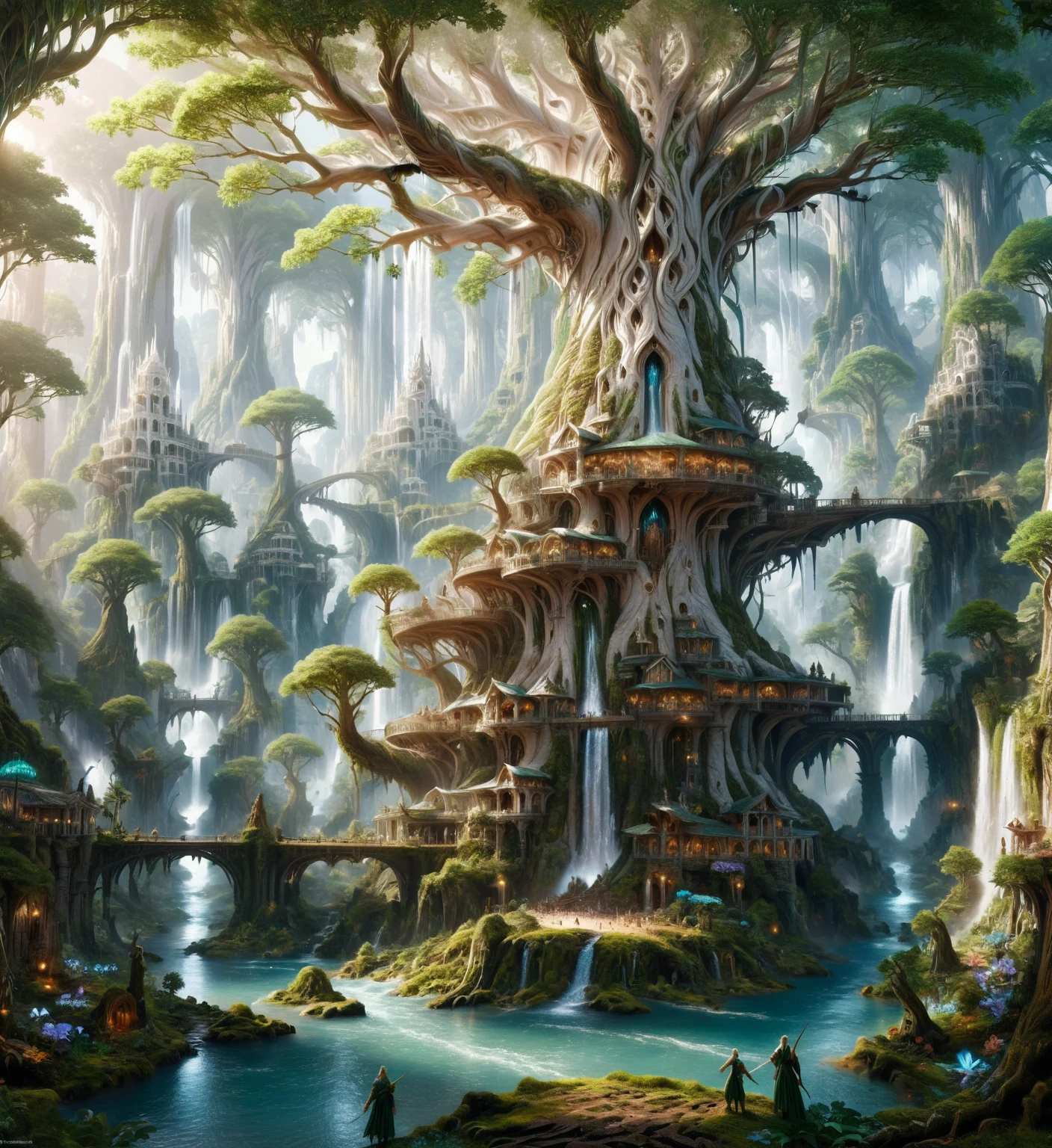 Elf city, built on a large tree, white buildings, with waterfalls, a plantation below the city, a huge staircase in the middle,High Fantasy Realm ral-fntsyrlms