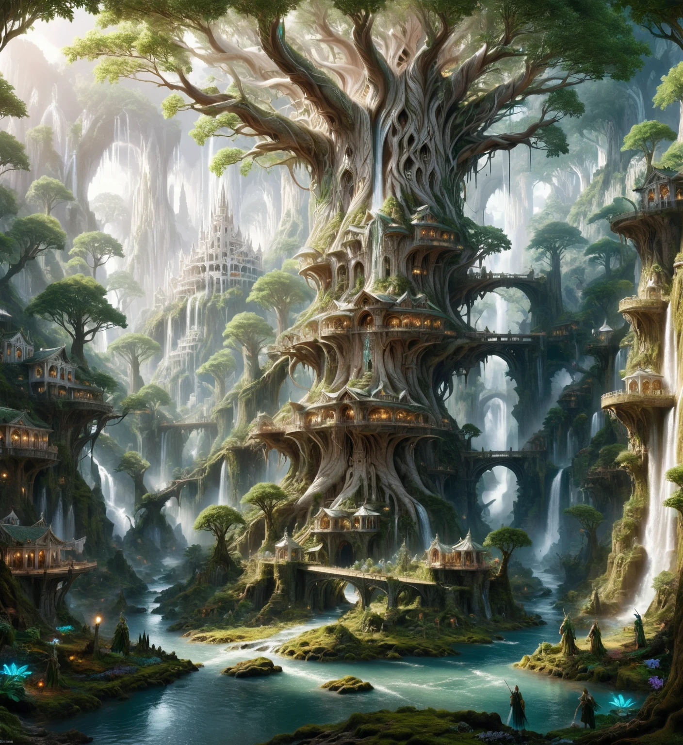 Elf city, built on a large tree, white buildings, with waterfalls, a plantation below the city, a huge staircase in the middle,High Fantasy Realm ral-fntsyrlms