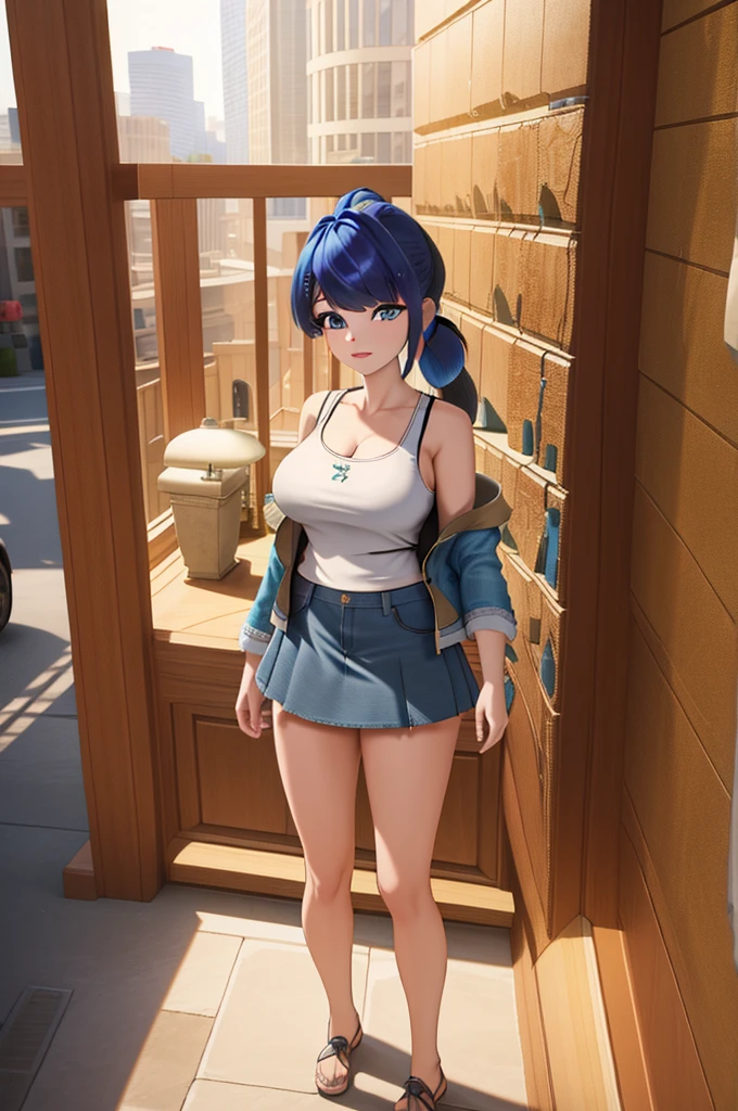 (8k, RAW photo, best quality, masterpiece:1.2), (intricate details), perfect eyes, perfect face, perfect lighting, beautiful, (masterpiece:1.2), (best quality:1.2), 1girl, solo, marinette, blue hair, (( hair in ponytail, bangs over one eye )), adult torso, 19 years old, huge sized breasts, (tank top, denim jacket, blue skirt,) cowboy shot, 3DMM, standing, front view, 