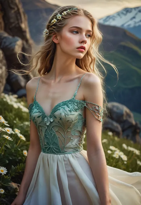 a beautiful woman with pale skin, with green braids growing many daisies, a woman in a white dress, slender, walking on mountain...
