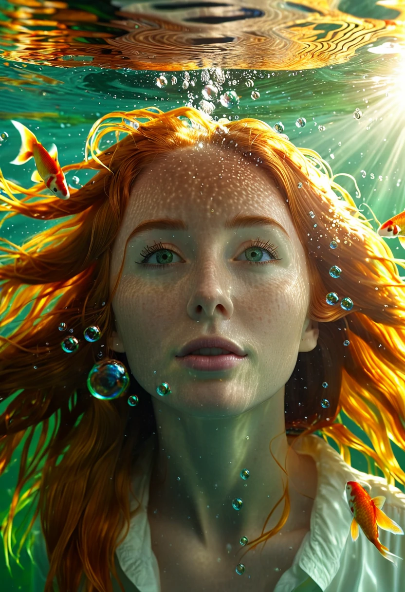 A woman under water looking up through the sun rays. She's reaching up trapped. Bubbles, Koi fish are swimming around. Pale skin and super long flowy ginger hair. Light crystal green eyes. 8k. Hd. Ultra detailed , hyper realistic, realistic skin 