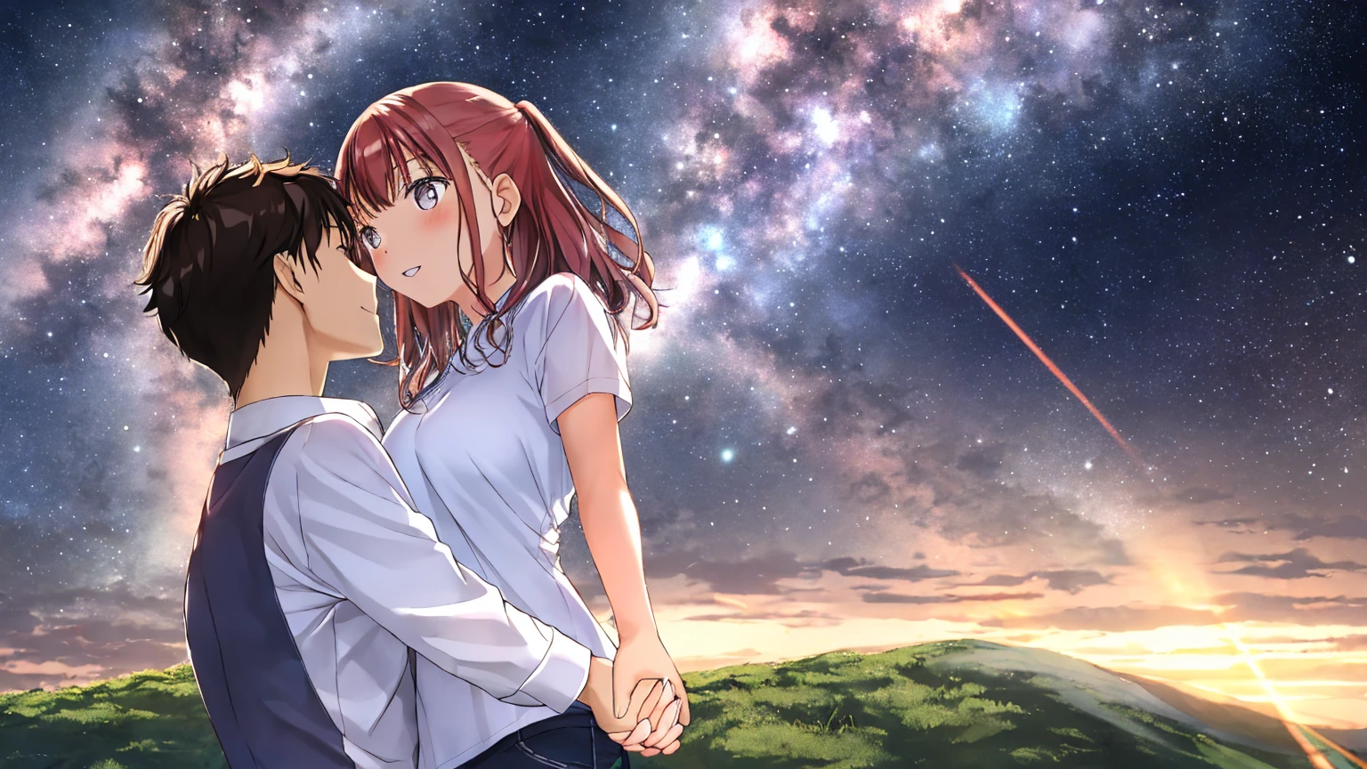 The background is the fantastic Milky Way、Close-up of the upper body of a man and woman standing on a hill, holding hands and looking at each other