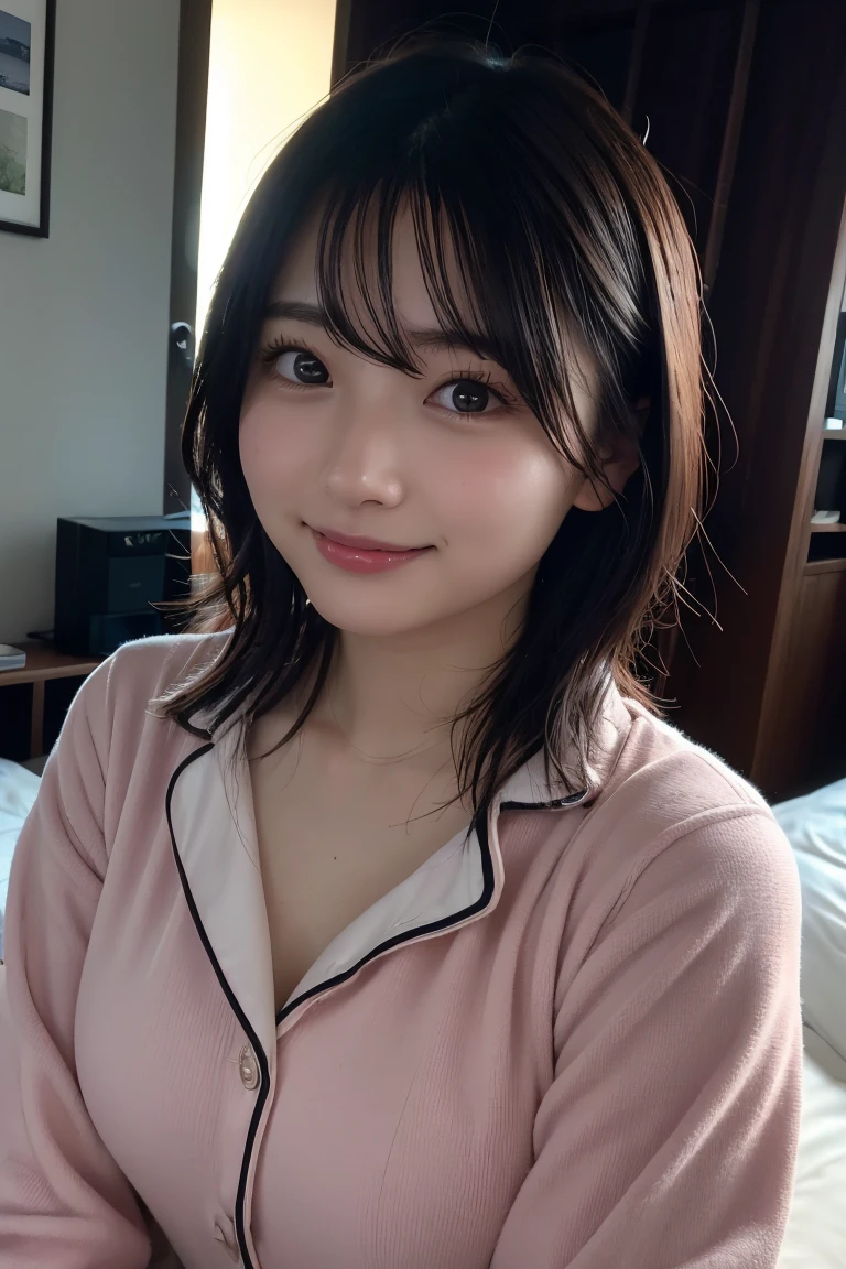 (8K, RAW Photos, Highest quality, High resolution: 1.1), (ultra Realistic: 1.4), (Realistic, Realistic: 1.3), The Beauty of Japan, pajamas, ((Upper Body: 1.3)) High resolution, Realistic image of a Japanese woman with short hair, She has big breasts and red cheeks, Look at that, smile She looks at it, smile, While taking a selfie. Her smartphone is close to her face. She appears to be live streaming from her home., Spread on the bed, With a blanket over my chest.、深night、night