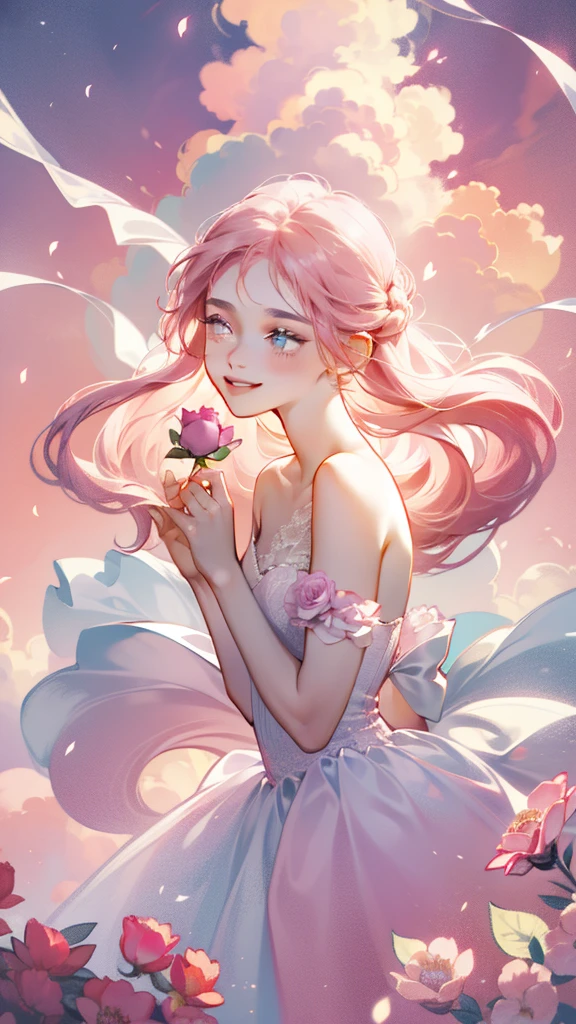 An 18 year old girl is wearing a pink rose, Long hair, whtie sleeveless dress, holding a pink rose. Smell the flowers, Bright fantasy, Surrealism, Michael Cormack, pink, Monochrome tranquility, Bright atmosphere, Sunlight, happiness, happiness, and a smile,