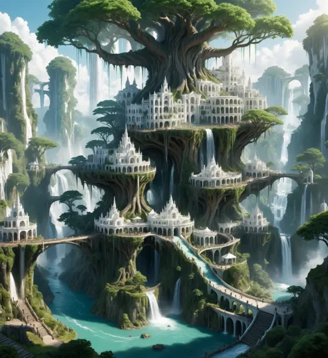 Elf city, built on a large tree, white buildings, with waterfalls, a plantation below the city, a huge staircase in the middle,H...