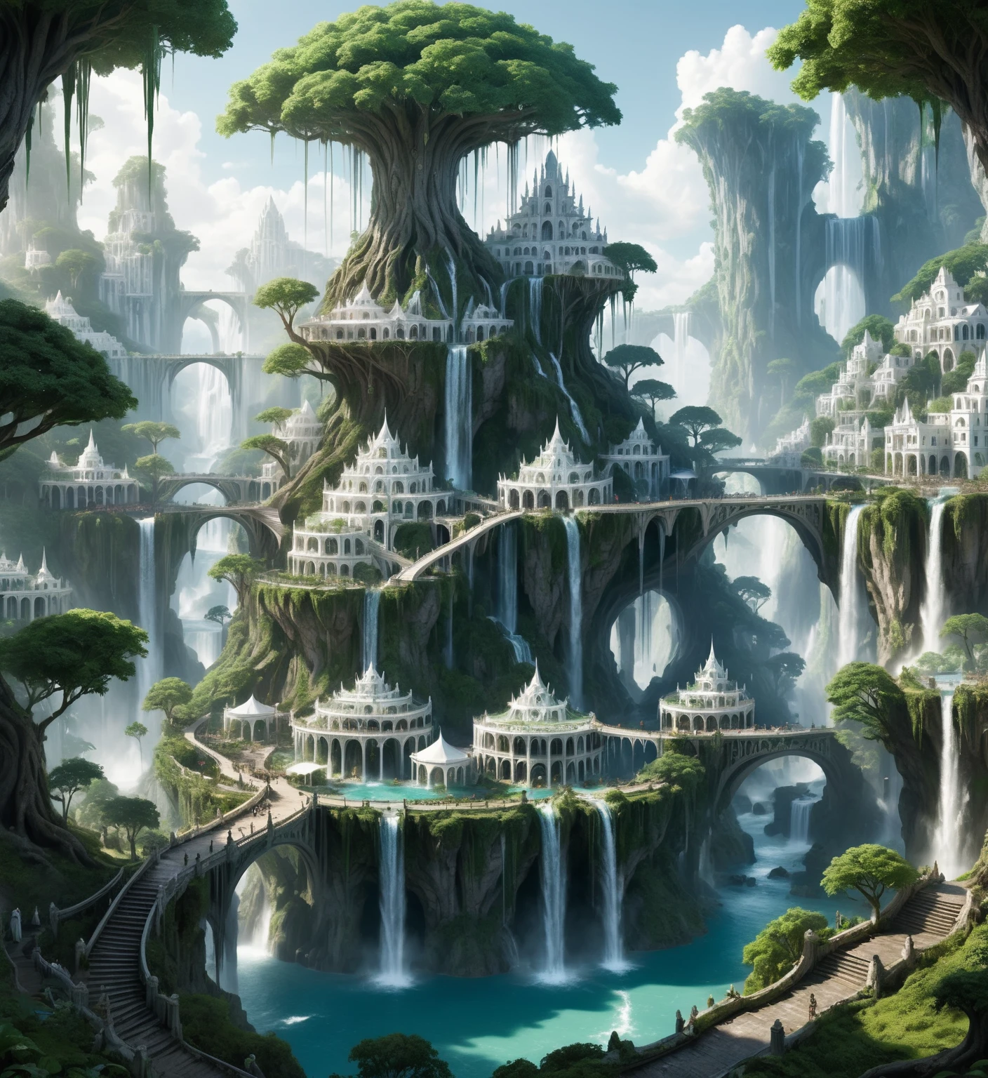 Elf city, built on a large tree, white buildings, with waterfalls, a plantation below the city, a huge staircase in the middle,High Fantasy Realm ral-fntsyrlms