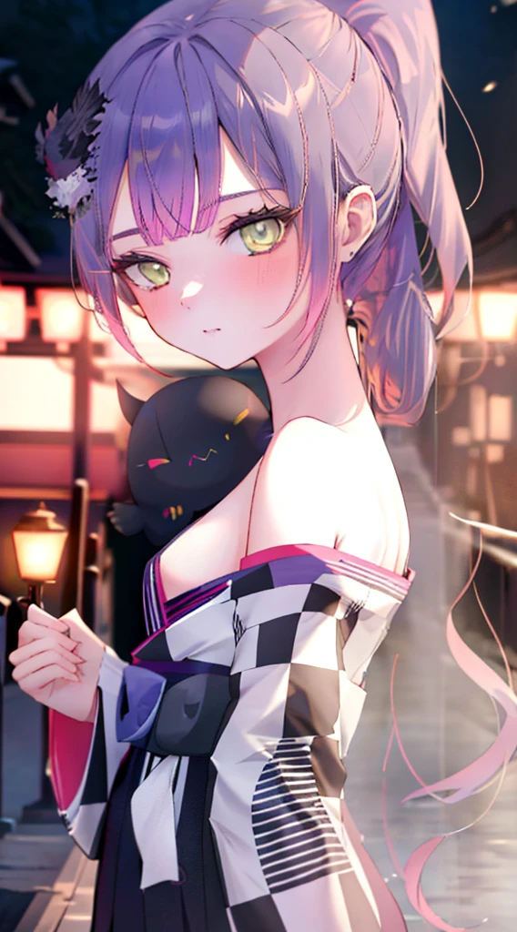 a beautiful detailed girl with long black hair in a ponytail, succubus tail, wearing a yukata, (best quality,4k,8k,highres,masterpiece:1.2),ultra-detailed,(realistic,photorealistic,photo-realistic:1.37),extremely detailed eyes and face,longeyelashes,flawless skin,detailed yukata,intricate succubus tail,elegant pose,moody lighting,dark color palette,cinematic lighting