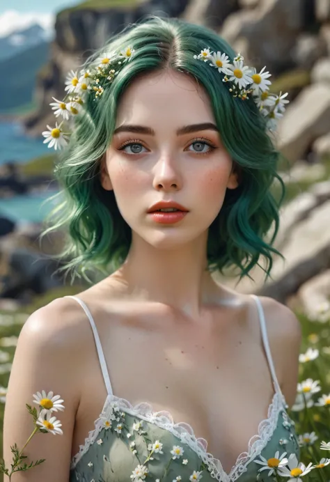 a beautiful woman with pale skin, with green hair on which there are many daisies growing, in the woman's hair there are daisies...