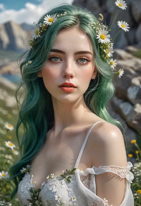 a beautiful woman with pale skin, with green hair on which there are many daisies growing, in the woman's hair there are daisies...