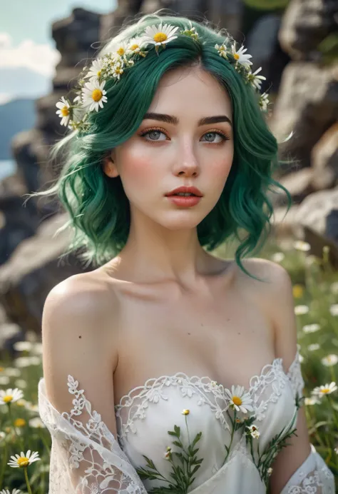 a beautiful woman with pale skin, with green hair on which there are many daisies growing, in the woman's hair there are daisies...