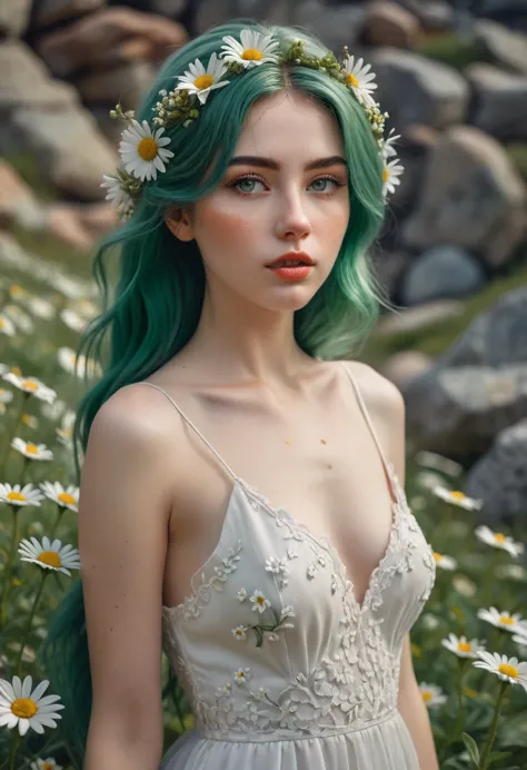 a beautiful woman with pale skin, with green hair on which there are many daisies growing, in the woman's hair there are daisies...