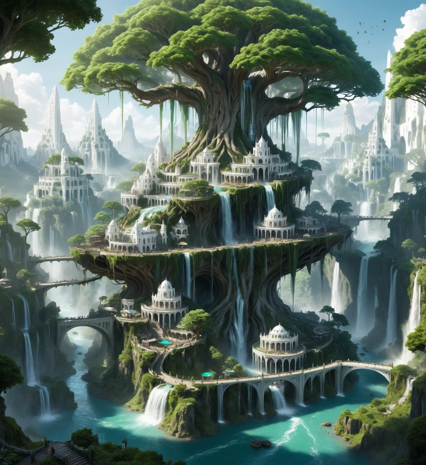 Elf city, built on a large tree, white buildings, with waterfalls, a plantation below the city, a huge staircase in the middle,High Fantasy Realm ral-fntsyrlms