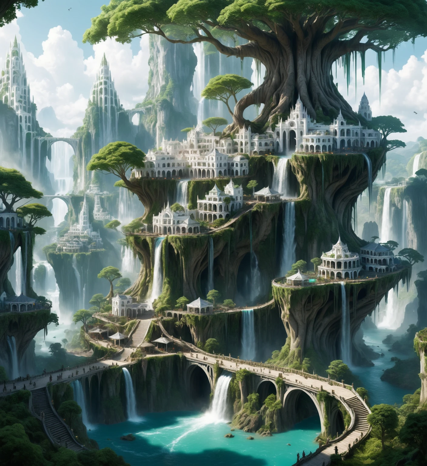 Elf city, built on a large tree, white buildings, with waterfalls, a plantation below the city, a huge staircase in the middle,High Fantasy Realm ral-fntsyrlms