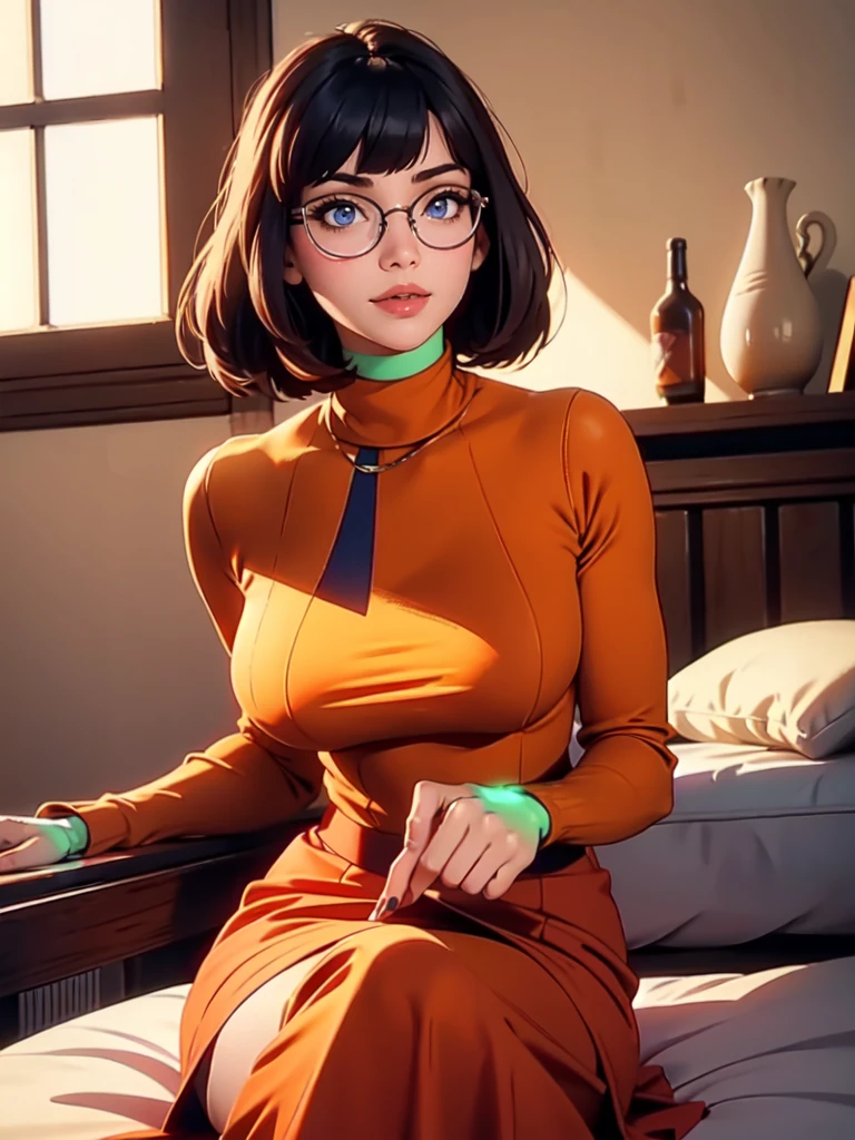 High definition, 8 k quality, work of art, velma, huge dream girl , beautiful  face, kissing lips, short bob hairstyle, long bangs, perfect make-up, lifelike face, detailedeyes, blue colored eyes, brunette hair, eyelash, he used to smile, he used to smile, room, Sitting in bed, showing camel toe, eyes on the spectator, orange turtleneck knit sweater, transparent lens glasses, red skirt for , view from the bottom,