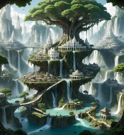 elf city, built on a large tree, white buildings, with waterfalls, a plantation below the city, a huge staircase in the middle,h...