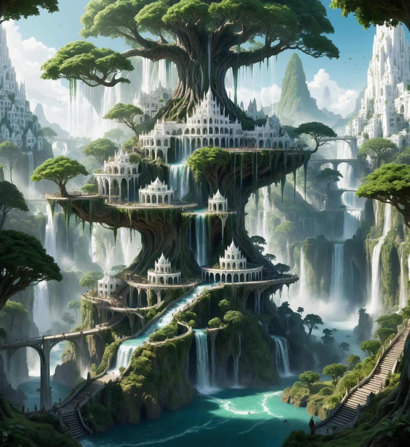 Elf city, built on a large tree, white buildings, with waterfalls, a plantation below the city, a huge staircase in the middle,High Fantasy Realm ral-fntsyrlms