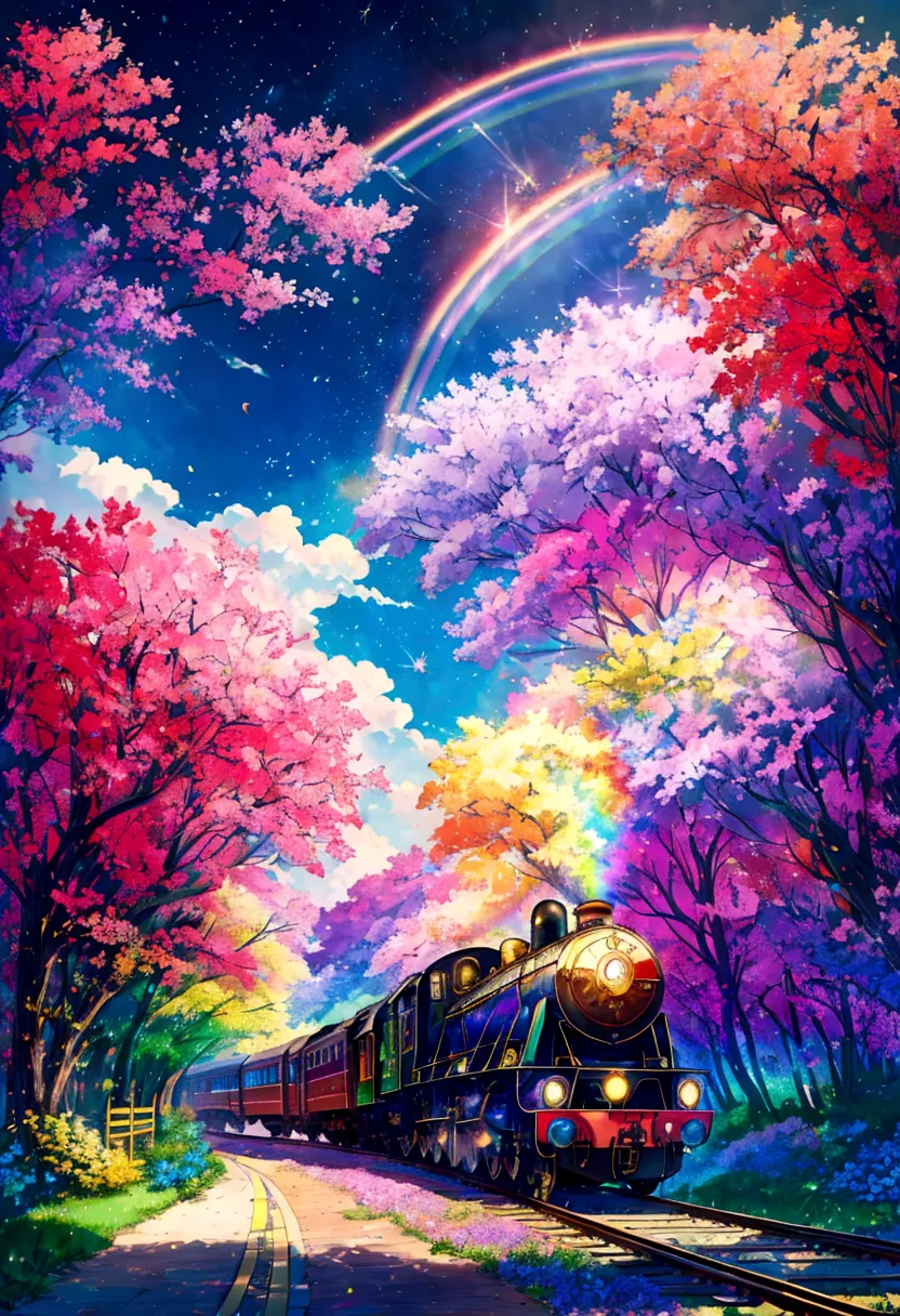 A locomotive running on rainbow-colored tracks，colorful，beautiful flower，Nice views，Utopia，An atmosphere full of dreams and hope...
