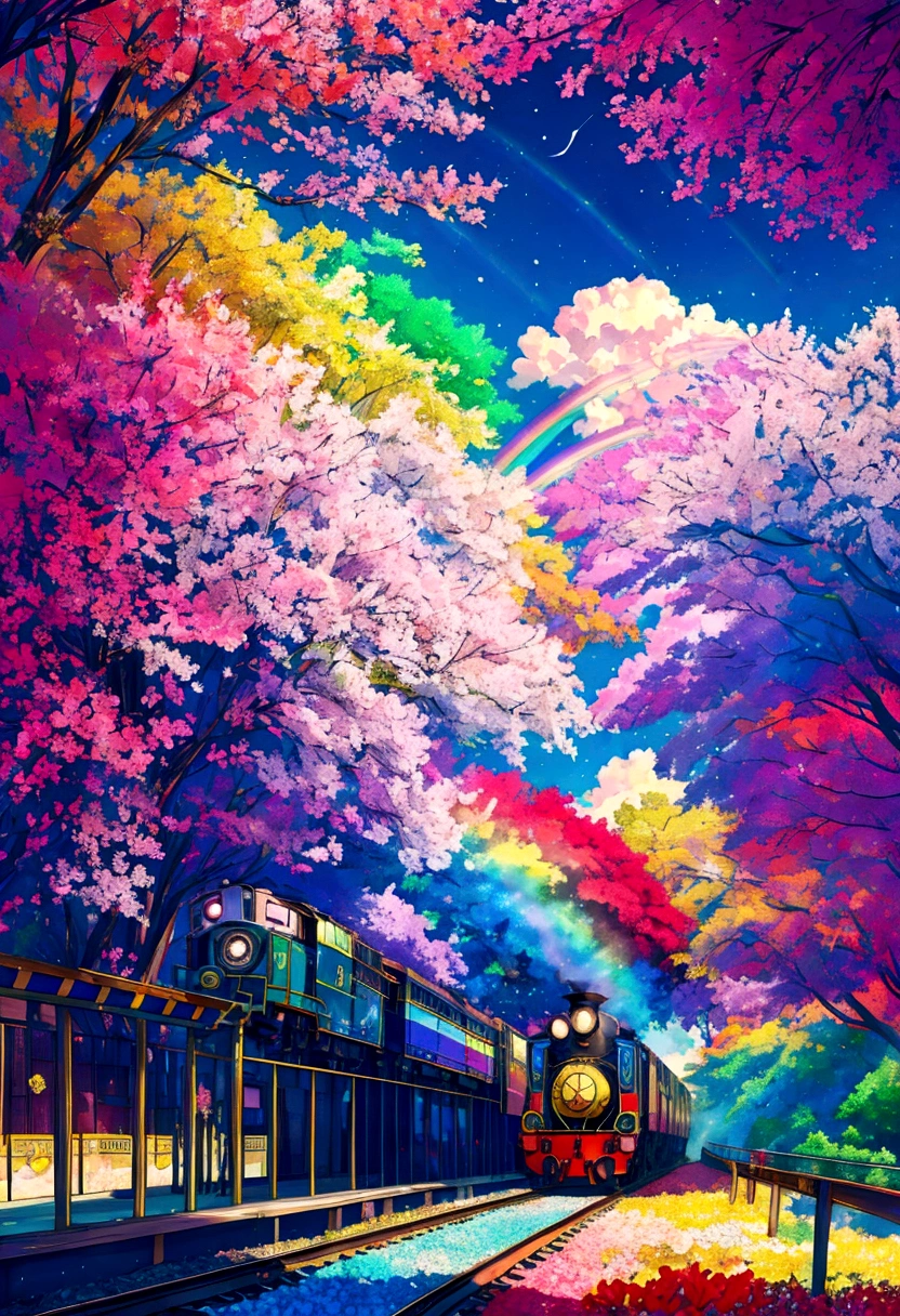 A locomotive running on rainbow-colored tracks，colorful，beautiful flower，Nice views，Utopia，An atmosphere full of dreams and hope，masterpiece．16K, Ultra-high resolution, Ultra-high resolution, born,Fantastic ,future、Shining in rainbow colors、The world 30 years from now。