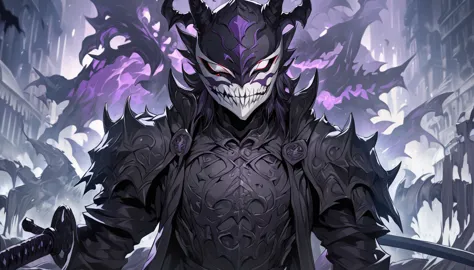 demon mask, sword on the hand,close up, black heavy detailed clothes, hand katana, art, dark and malevolent, hand sword, armor, ...
