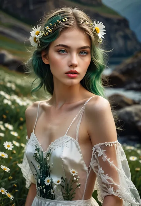 a beautiful woman with pale, translucent skin, veins in which rivers flow are visible on her arms and chest, with green hair on ...