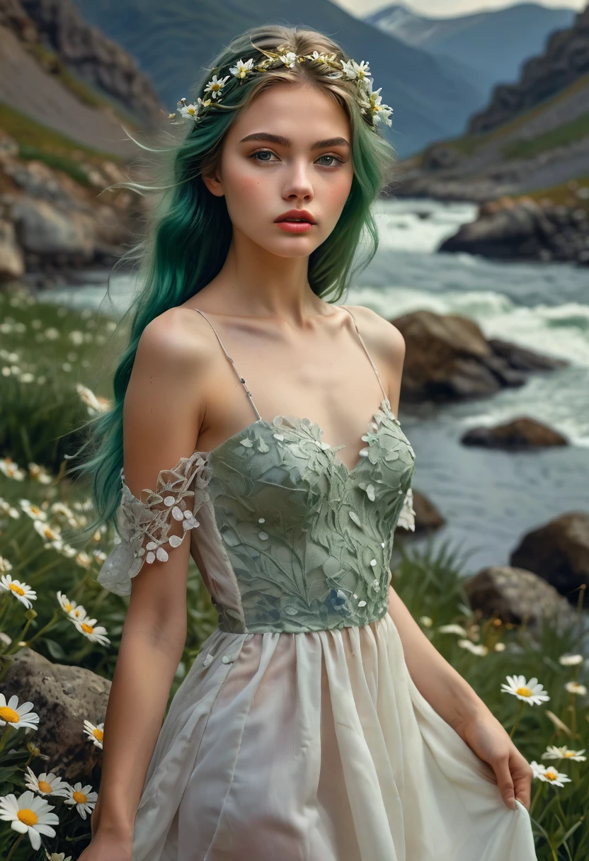 青白い肌の美しい女性, 半透明の肌, 彼女の腕と胸には川が流れる静脈が見える, たくさんのヒナギクが咲く緑の髪, 女性の髪にヒナギクが咲いている, 彼女の髪は草のようだ, 白いドレスを着た女性, 細い, 山の岩に沿って歩く, 傑作, (最高品質, 4k, 8K, 高解像度, 傑作: 1.2), 非常に詳細な, ( 現実的, photo-現実的, photo-現実的: 1.37), 詳細な目, 詳細な唇, 非常に詳細な顔, 長いまつ毛, 自然光, 複雑な詳細, 素晴らしい肖像画, エーテル, 穏やかな, 詳細な肌の質感, ゆったりとしたドレス, 繊細な花