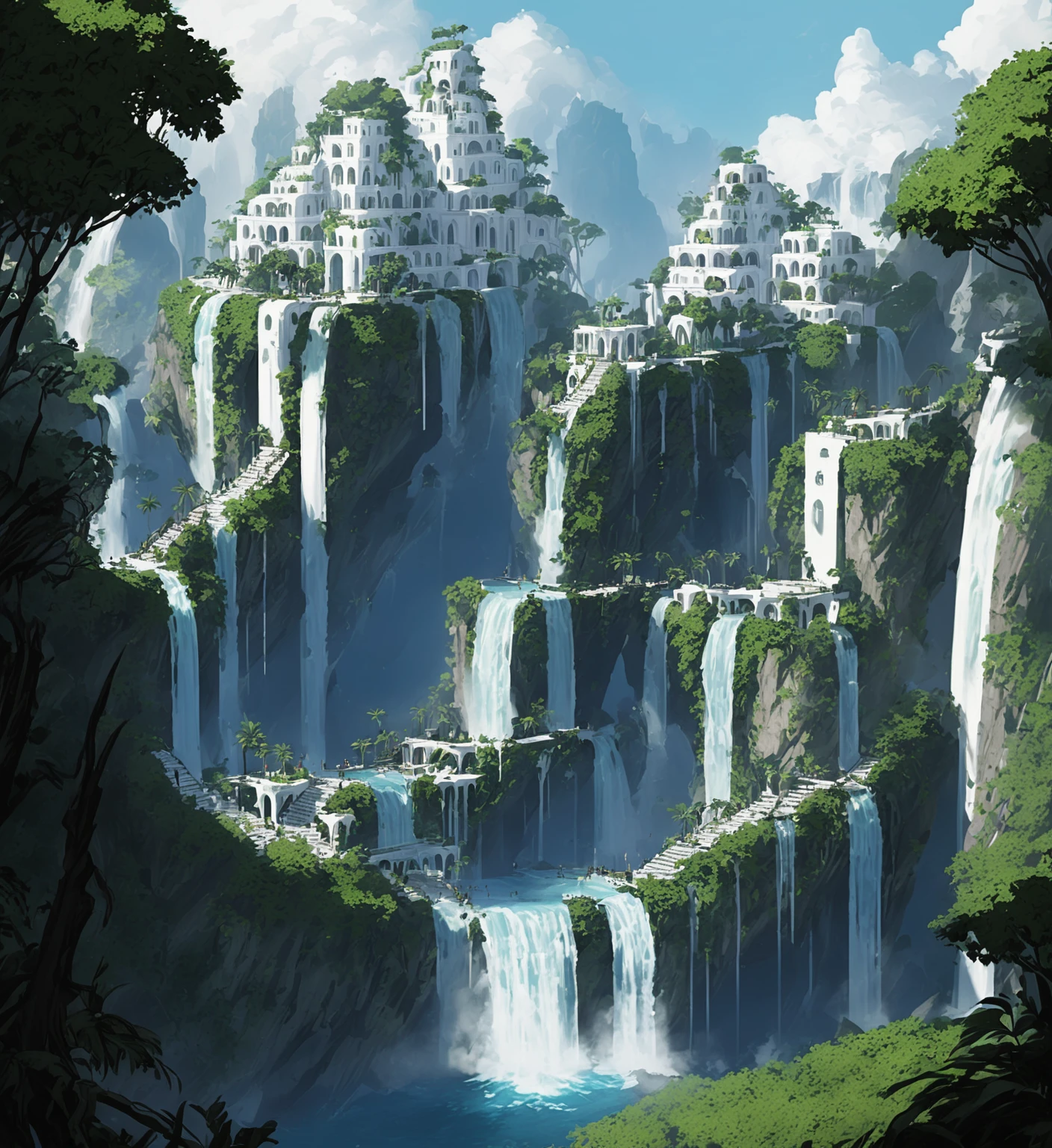 Elf city, built on a large tree, white buildings, with waterfalls, a plantation below the city, a huge staircase in the middle,High Fantasy Realm ral-fntsyrlms