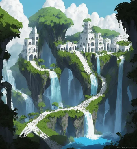 elf city, built on a large tree, white buildings, with waterfalls, a plantation below the city, a huge staircase in the middle,h...