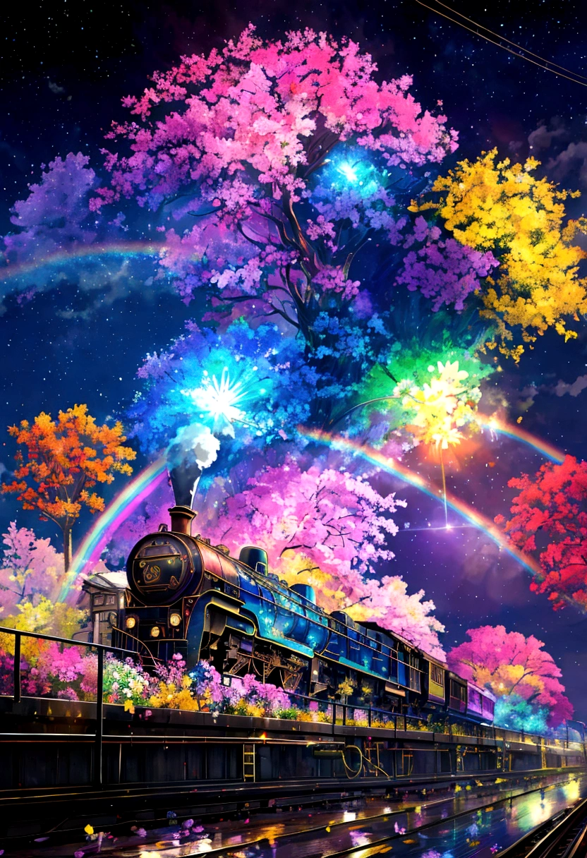 Uma locomotiva correndo em trilhos com as cores do arco-íris，colorida，Flor bonita，Boas visualizações，utopia，Uma atmosfera cheia de sonhos e esperança，obra de arte．16k, Resolução ultra-alta, Resolução ultra-alta, nascer,fantástico ,futuro、Brilhando nas cores do arco-íris、O mundo daqui a 30 anos。