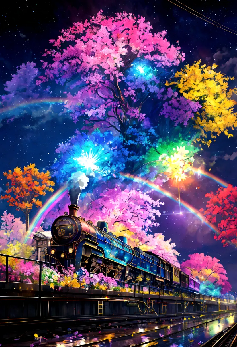 A locomotive running on rainbow-colored tracks，colorful，beautiful flower，Nice views，Utopia，An atmosphere full of dreams and hope...