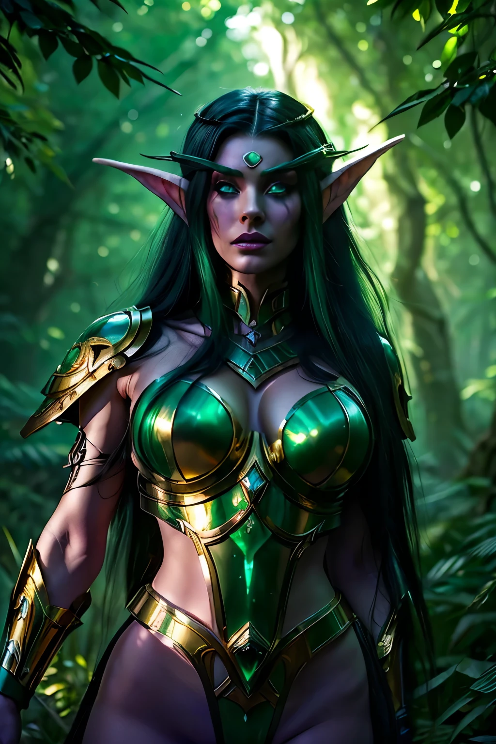 (((Masterpiece, high quality )))), premium quality, elf, long flowing black hair, green eyes, purple skin, sculpted body, short battle armor with gold and black accents, large gold and emerald green head bow, in a light green forest, butterflies glowing, large tree roots ((cinematic light))))))