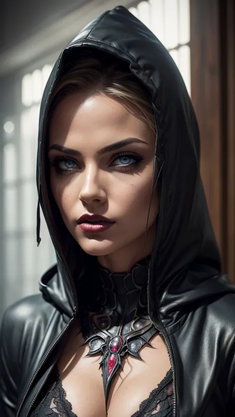 a dark hooded female spider woman, extremely detailed eyes, blonde hair, beautiful detailed lips, cinematic composition, dramati...