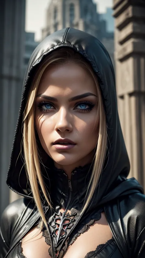 a dark hooded female spider woman, extremely detailed eyes, blonde hair, beautiful detailed lips, cinematic composition, dramati...