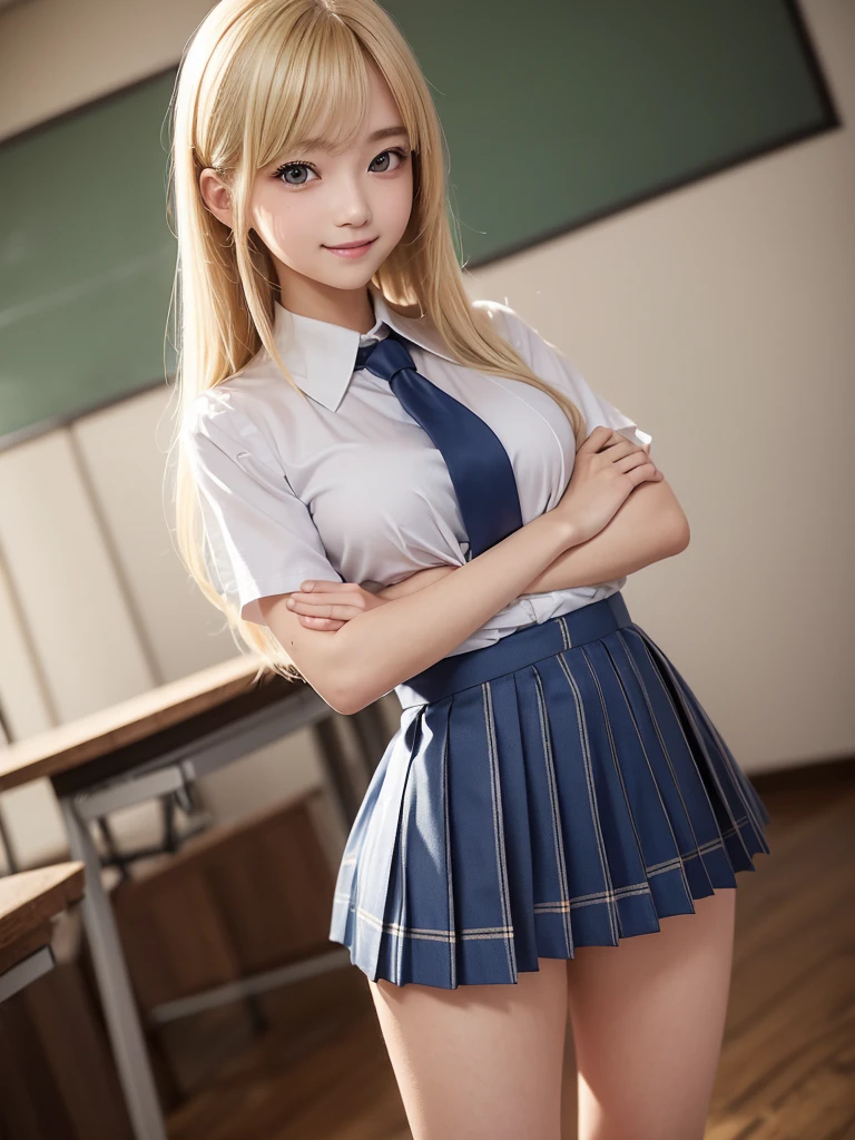 8k, Highest quality, The real picture, Intricate details, Very detailed, Ultra-high resolution, Depth Field,(Realistic,Realistic:1.2),Tabletop , ((Full Body Shot)) , ((Long, Slender legs)), 1 girl, eye_Chan, Very beautiful 17 year old girl, innocent big eyes,、Beautiful breasts:1.5、Highly detailed eye:1.2)、(Beautiful breasts:1.1)、((bionde))、(Long Bob Hair), Asymmetrical bangs, Perfect Skin, Fair skin, Small breasts, Tight waist, alone, Staring at the audience, (smile)、((School_uniform), (White shirt、Wear a tie), (Blue checkered pleated micro mini skirt), ((Fold your arms in front of your chest and act arrogantly)), ((A happy smile)), ((Perfect hand shape))