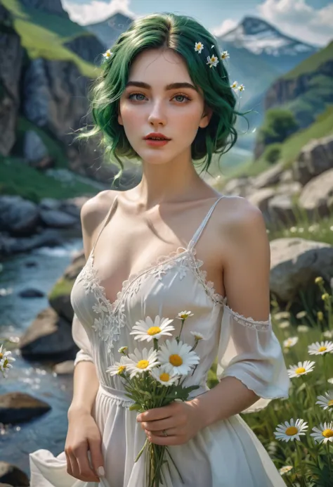 a beautiful woman with pale, translucent skin, veins appear on the woman’s arms and chest, in which rivers flow, with green hair...