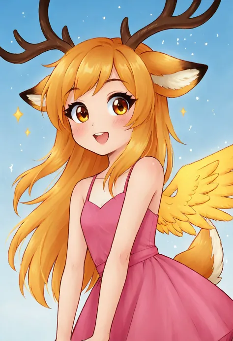 Kid orange fox girl, cute pink dress, yellow long hair, Yellow fringe, yellow wings, deer antlers