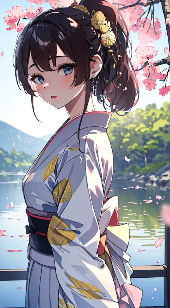 a young girl in a japanese yukata dress with a long ponytail hairstyle, beautiful detailed eyes, beautiful detailed lips, extremely detailed face, long eyelashes, beautiful intricate yukata pattern, detailed folds and fabric textures, natural lighting, soft pastel colors, elegant and graceful pose, serene japanese garden background with blossoming sakura trees, (best quality,4k,8k,highres,masterpiece:1.2),ultra-detailed,(realistic,photorealistic,photo-realistic:1.37),vibrant colors,warm lighting,cinematic composition