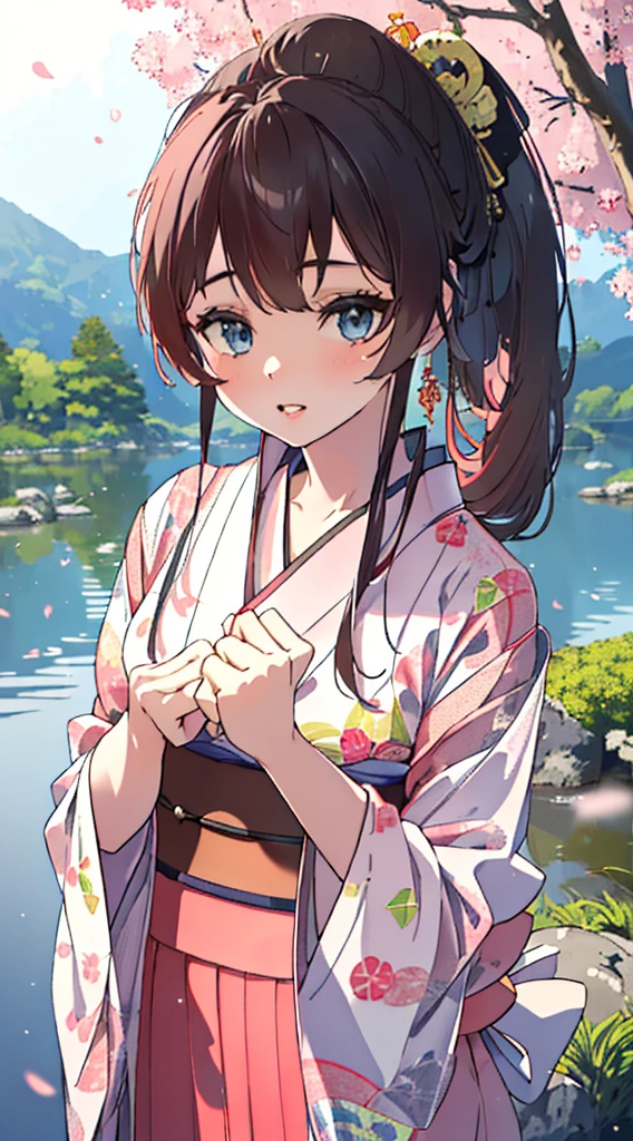 a young girl in a japanese yukata dress with a long ponytail hairstyle, beautiful detailed eyes, beautiful detailed lips, extremely detailed face, long eyelashes, beautiful intricate yukata pattern, detailed folds and fabric textures, natural lighting, soft pastel colors, elegant and graceful pose, serene japanese garden background with blossoming sakura trees, (best quality,4k,8k,highres,masterpiece:1.2),ultra-detailed,(realistic,photorealistic,photo-realistic:1.37),vibrant colors,warm lighting,cinematic composition