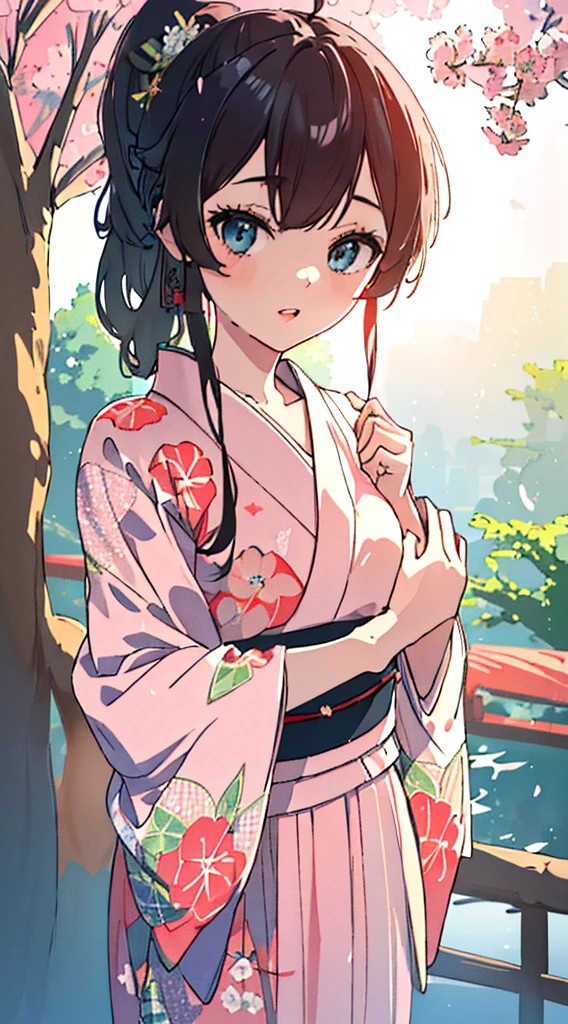 a young girl in a japanese yukata dress with a long ponytail hairstyle, beautiful detailed eyes, beautiful detailed lips, extremely detailed face, long eyelashes, beautiful intricate yukata pattern, detailed folds and fabric textures, natural lighting, soft pastel colors, elegant and graceful pose, serene japanese garden background with blossoming sakura trees, (best quality,4k,8k,highres,masterpiece:1.2),ultra-detailed,(realistic,photorealistic,photo-realistic:1.37),vibrant colors,warm lighting,cinematic composition