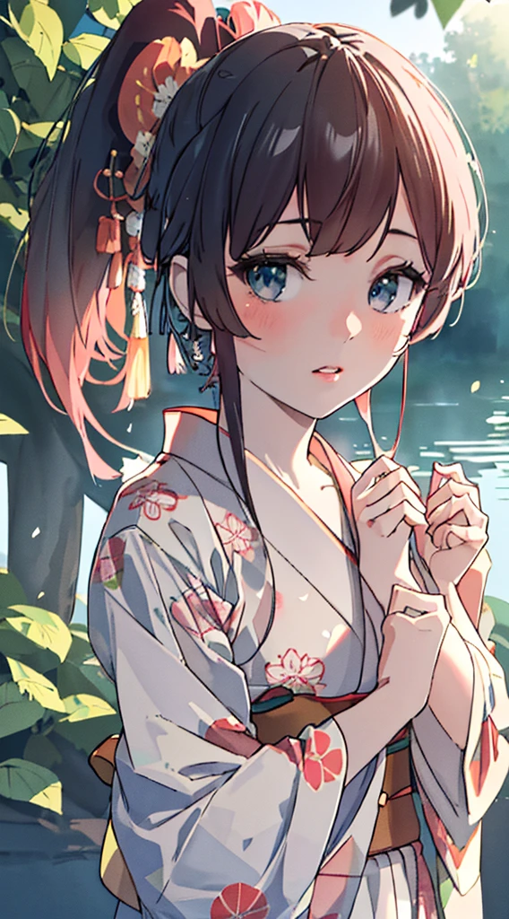 a young girl in a japanese yukata dress with a long ponytail hairstyle, beautiful detailed eyes, beautiful detailed lips, extremely detailed face, long eyelashes, beautiful intricate yukata pattern, detailed folds and fabric textures, natural lighting, soft pastel colors, elegant and graceful pose, serene japanese garden background with blossoming sakura trees, (best quality,4k,8k,highres,masterpiece:1.2),ultra-detailed,(realistic,photorealistic,photo-realistic:1.37),vibrant colors,warm lighting,cinematic composition