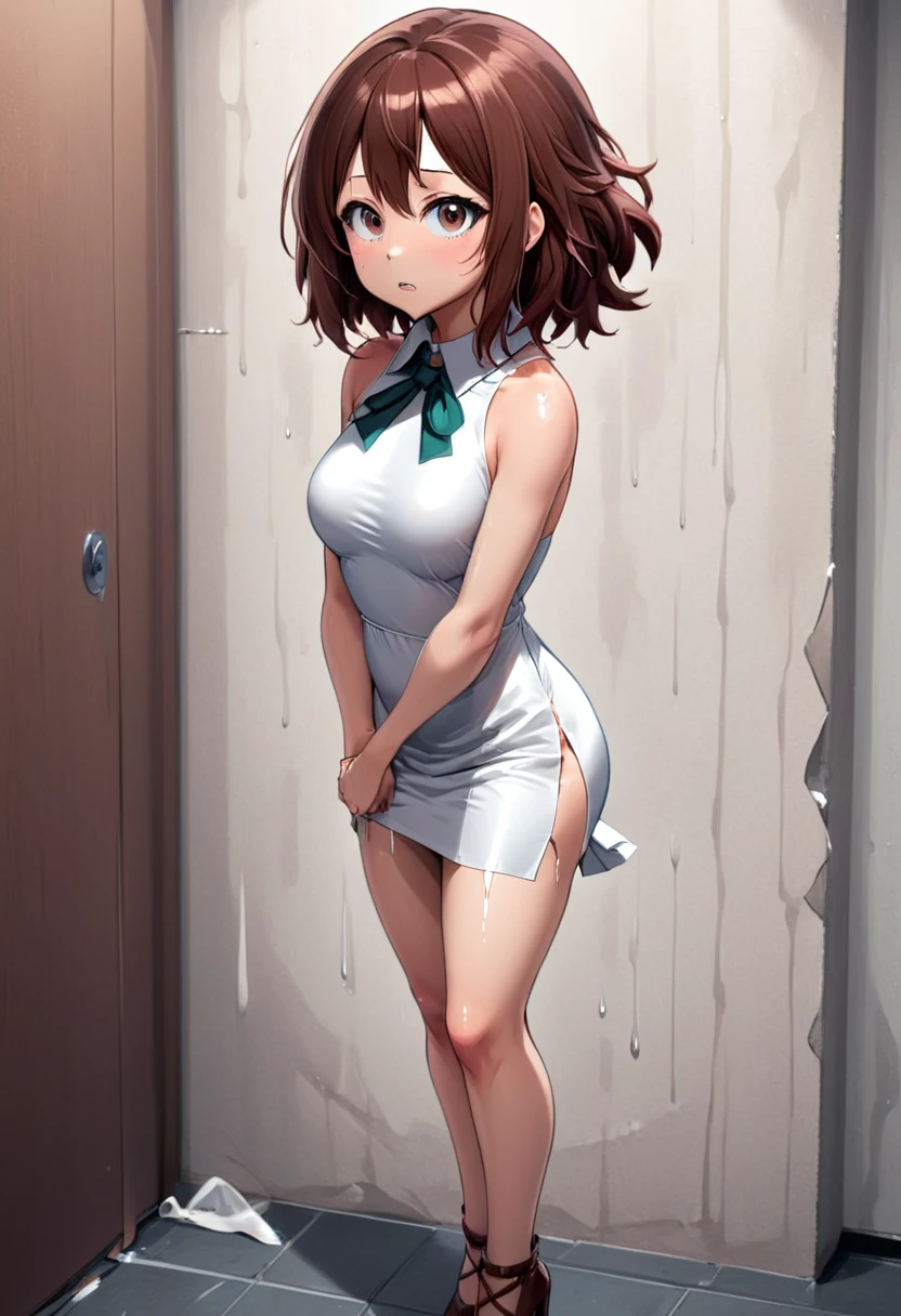 Conteúdo adulto, conteúdo explícito, Horikoshi Kouhei, 1 garota, (uraraka ochako em pé contra uma parede:1.5), absurdos, franja, camisa branca, corar, (vestido branco sexy que mostra as pernas e o bumbum:1.5), Boku no hero academia, seios, Olhos castanhos, cabelo castanho, mãos cerradas, Solicitação de comentários, cílios, corpo todo, alta resolução, Olhando para baixo, medium seios, Cabelo medio, pele firme, choro, Sozinho, salto alto, (Ela está de pé:1.5), (corpo sexy:1.5), (mostrar buceta:1.5), (mordaça de fita:1.5), (mãos amarradas:1.5), (buceta molhada:1.5)
