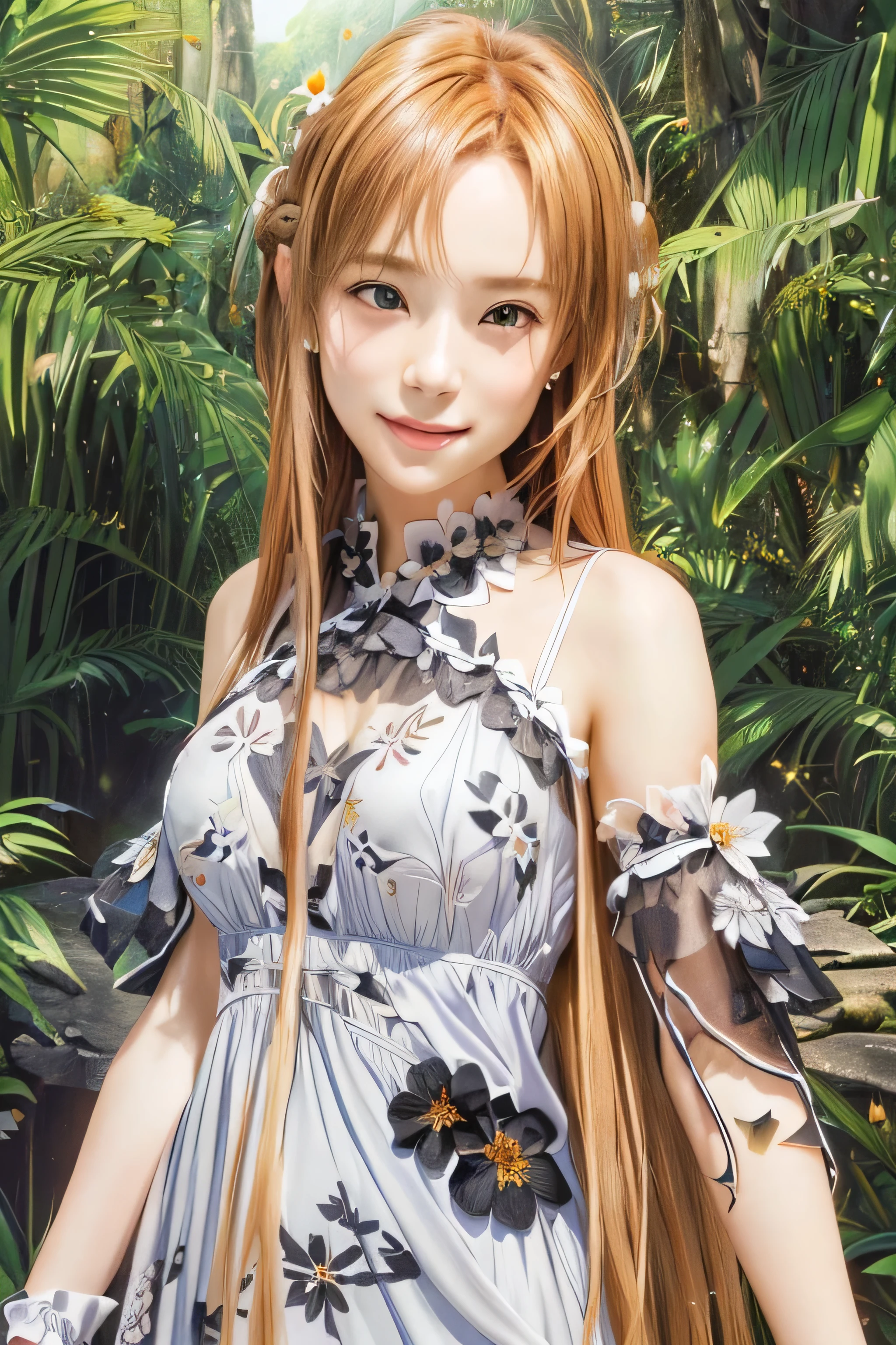 masterpiece, best quality, (realistic,photo-realistic:1.4), (RAW photo:1.2), extremely detailed CG unity 8k wallpaper, delicate and beautiful, amazing,finely detail, official art, absurdres, incredibly absurdres, huge filesize, ultra-detailed,extremely detailed eyes and face,light on face,yuuki asuna,(little smile),(long hair:1.4),(medium breast:1.4),(jungle background:1.4),(caramel hair:1.3),(wearing black flower dress:1.4)