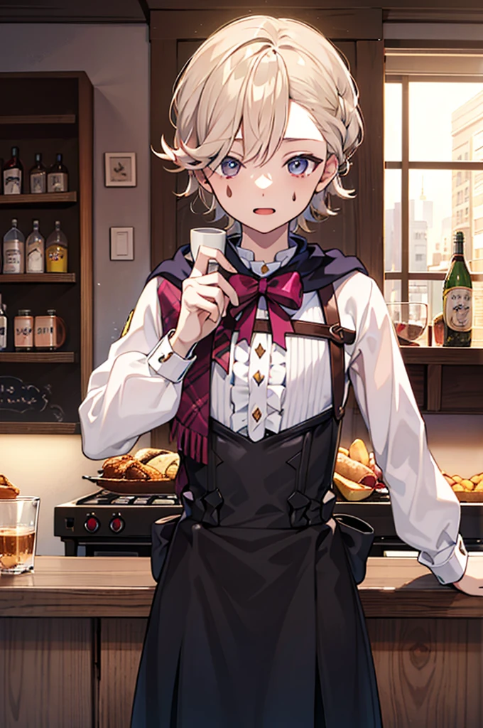 Detailed image, high quality, boy, lyney, cute, cafe, Cafe staff, Nude, Dressed, sole boy, up focus, Upper body only, nsfw,