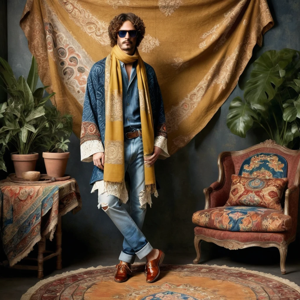 Two male models are posing in a richly decorated environment that evokes a vintage and bohemian vibe. The standing model is positioned on the left, wearing a blue denim kimono-style jacket adorned with intricate ethnic patterns and distressed edges. Underneath, he has a loose-fitting rust-colored shirt, accessorized with layered necklaces and a mustard yellow scarf tied around his neck. He pairs this with light-washed, slightly flared jeans and woven brown shoes. His curly hair adds to the laid-back, retro aesthetic. The seated model on the right is dressed in a mustard-colored, short-sleeved shirt with red details at the sleeves, paired with distressed jeans featuring patchwork and embroidery. He completes his look with a long, patterned scarf draped around his neck and retro-style sunglasses. His wavy hair cascades around his face, enhancing the 70s vibe.
The setting is an indoor space with an opulent backdrop of tapestries and textiles featuring floral and geometric patterns, predominantly in shades of red, blue, and cream. The walls and ceiling are draped with these richly decorated fabrics, creating an immersive, eclectic atmosphere. There are large potted plants adding a touch of greenery, and the floor is layered with various rugs and cushions in complementary patterns, providing a cozy, layered texture to the scene. The composition is balanced with the standing model on the left and the seated model on the right, creating a dynamic visual flow. The lighting is soft and diffused, enhancing the textures and colors of the fabrics and the models' outfits. This lighting setup suggests a late afternoon or indoor studio environment, with light filtering through curtains or softboxes to avoid harsh shadows. The photograph appears to be taken with a medium format camera, which captures high detail and depth. A slight upward angle is used to emphasize the height and presence of the standing model while keeping the seated model within the frame. 