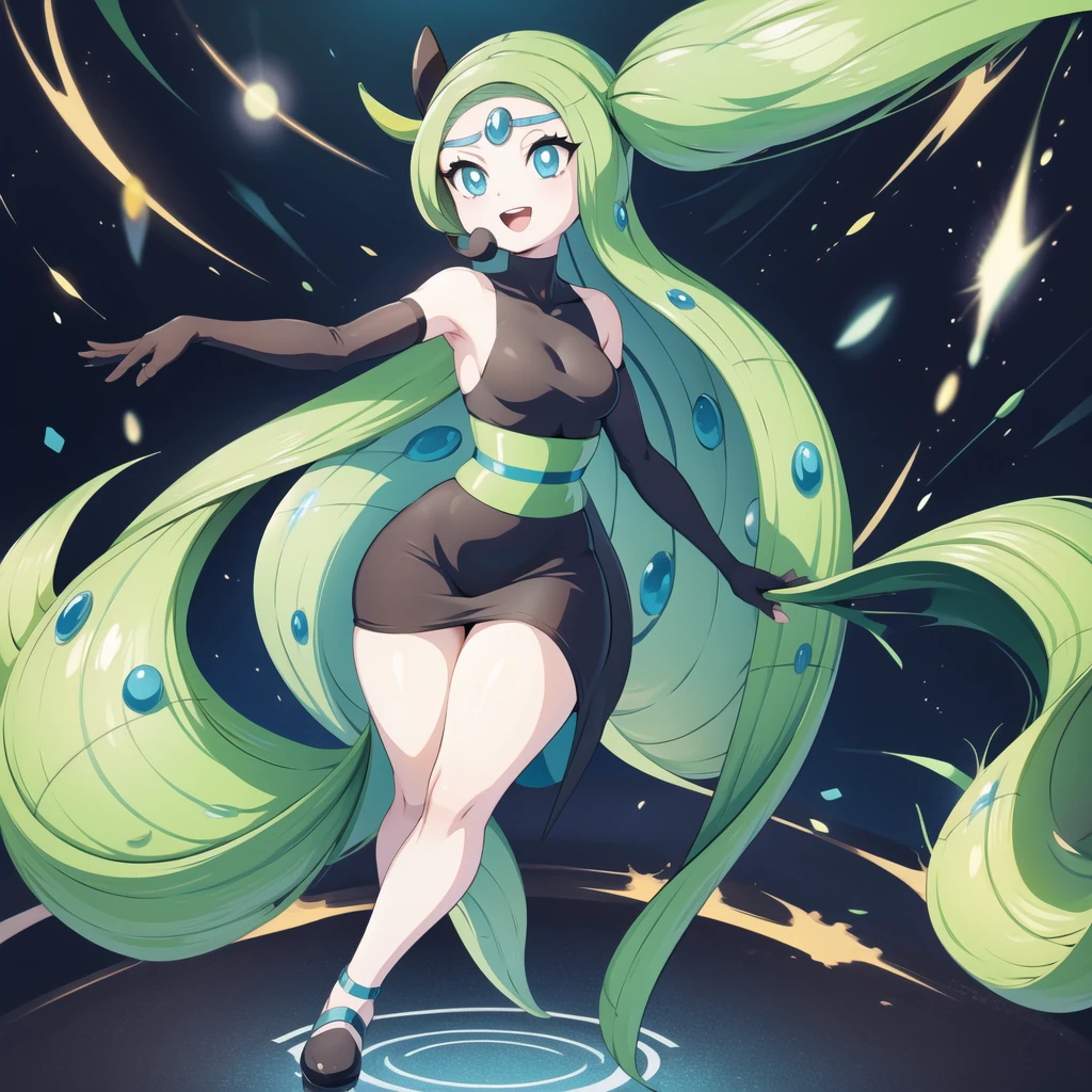 1girl, meloetta, pokemon \(creature\), mobface, blue eyes, chibi, :D, full body, black dress, green waist, concert stage, singing, dancing