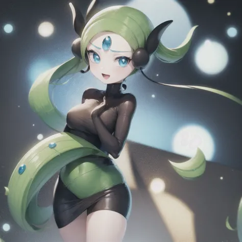 1girl, meloetta, pokemon \(creature\), mobface, blue eyes, chibi, :d, full body, black dress, green waist, concert stage, singin...