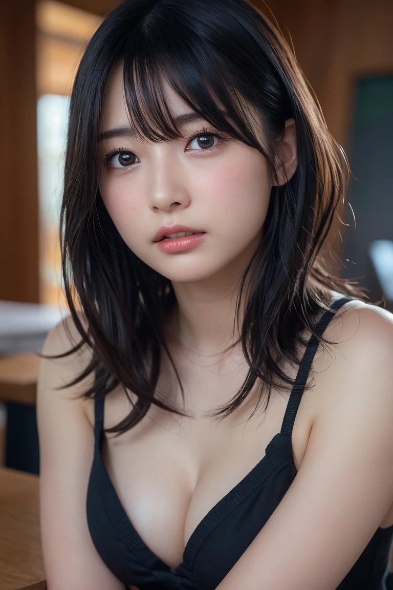 ((Upper Body:1.3)).Blown by the long wind [Blue-black:.3] hair,Looking at the audience, (Tabletop:1.3), (8K, Realistic, RAW Photos, Highest quality: 1.4), Japanese, (1 Girl), Beautiful Face, (Realistic face),{Wavy medium hair|Front hair long bob|short hair with long bangs}{Black hair|Brown hair|Blonde hair}, Beautiful hairstyle, Realistic eyes, Beautiful and beautiful eyes, (Realistic skin), Beautiful Skin, charm, Ultra-high resolution, Surreal, Very detailed, Golden Ratio,Female student、shame(Blushing:1.3),Upper Bodyは裸、Nipples sticking out